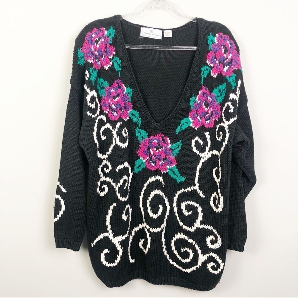 MAGGIE LAWRENCE | Vintage Black Floral Knit V-Neck Sweater Women’s Size Large - Picture 2 of 6
